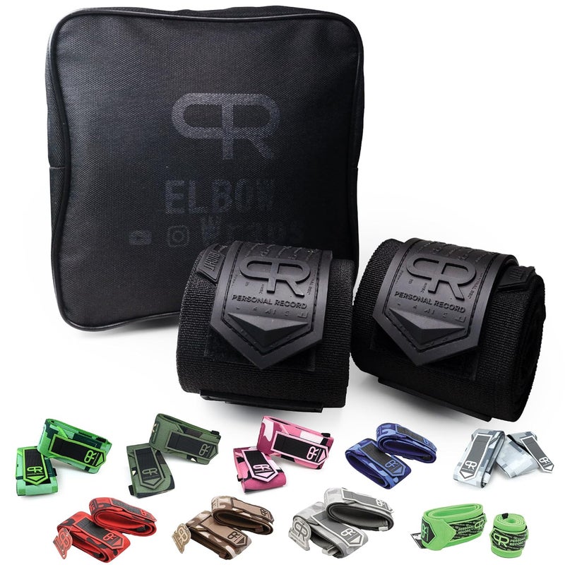 PR Personal Record Elbow Wraps for Weightlifting - Heavy Duty Construction, 25% More Elasticity, Reinforced Stitching, Extra Wide Fastener, Easy to Adjust, All Black - Image 1